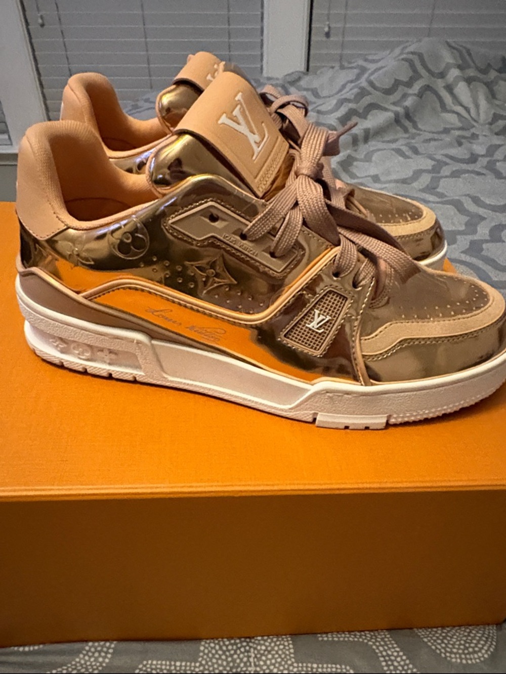 Louis Vuitton Metallic Nude & copper colored LV Trainer Sneakers